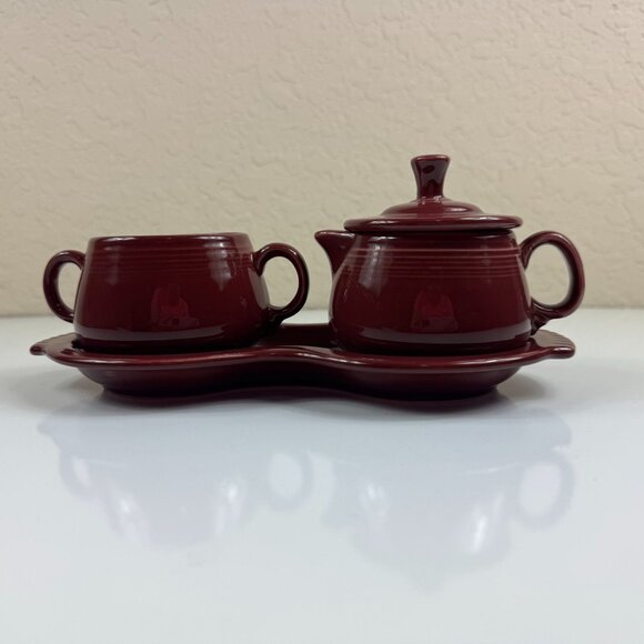Fiesta Ware 4 Piece Sugar Bowl Creamer Set w/Tray Cinnabar Retired Serveware - Picture 1 of 13